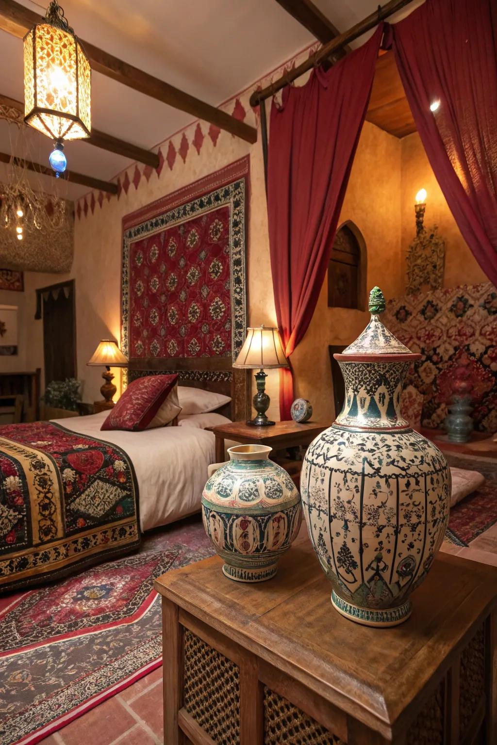 Pottery centerpieces add elegance and artistry to Moroccan decor.