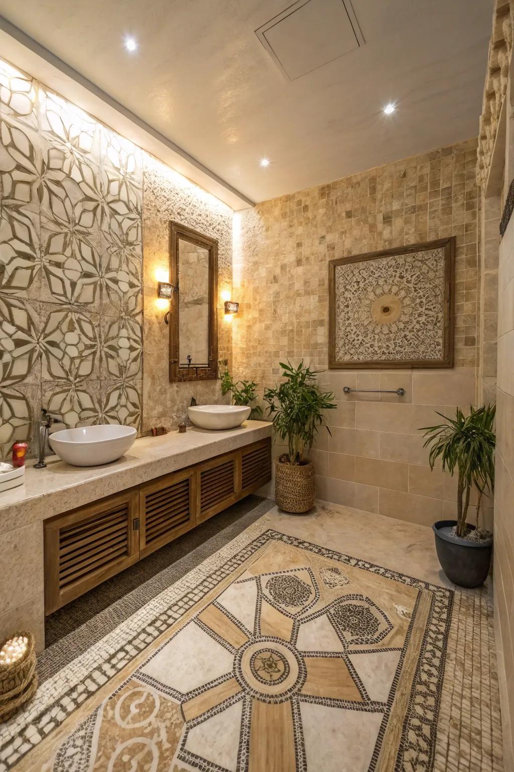 A tranquil bathroom using meditative Zen-inspired mosaic layouts.