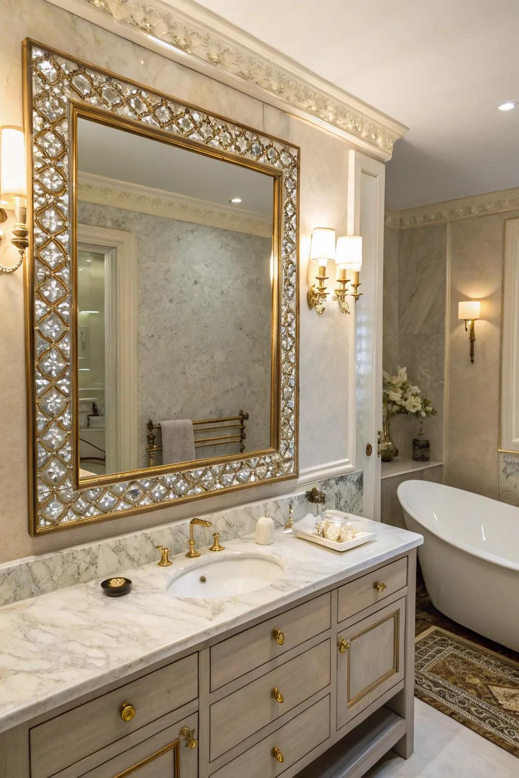 A tailored dressing mirror with nacre inlays introduces a personalized hint.