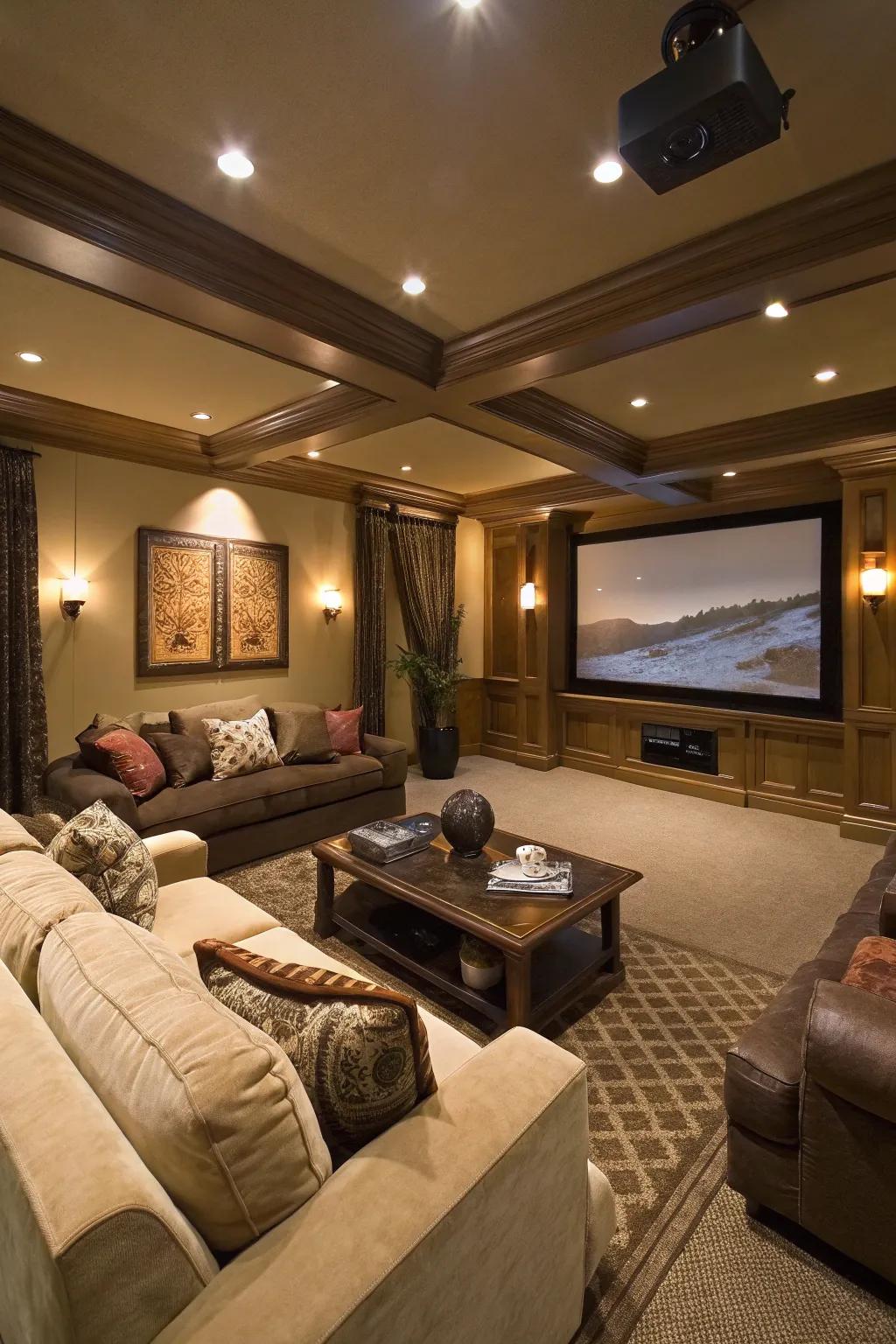 A multi-functional space adapts to both movie nights and social gatherings.