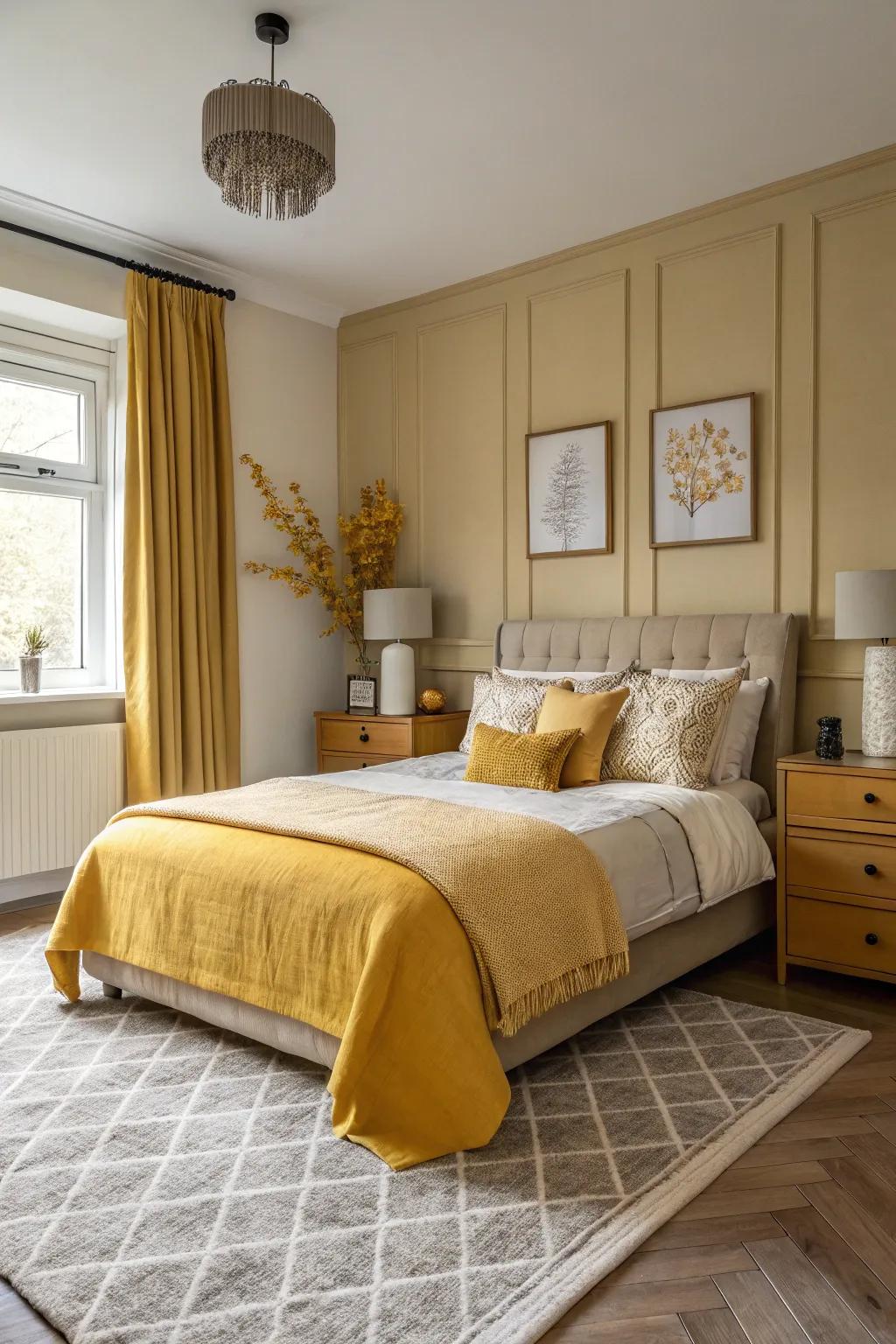 A harmonious monochrome bedroom featuring varied goldenrod tones.