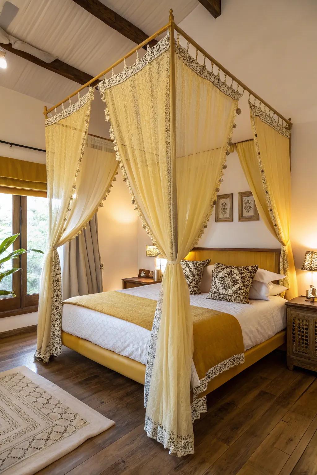 A bedroom exhibiting an elegant wheat covering.