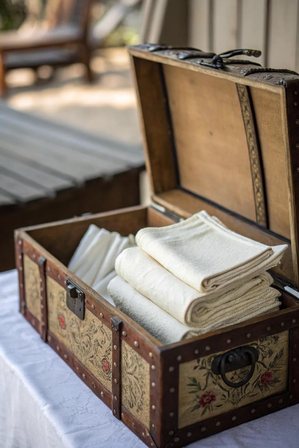 A vintage trunk offers nostalgic charm and ample napkin storage.