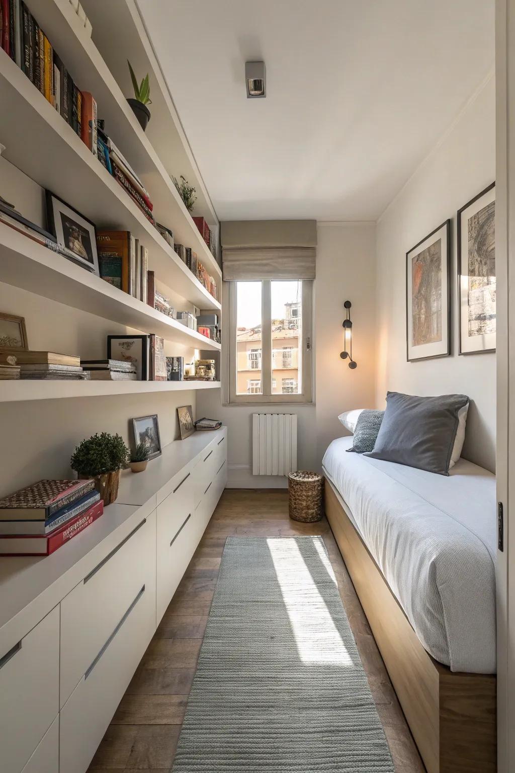 Floating furniture adds a modern touch while saving space in a slender bedroom.