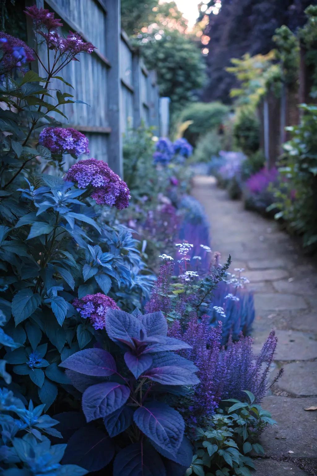Cool colors give the illusion of more space in a narrow garden.