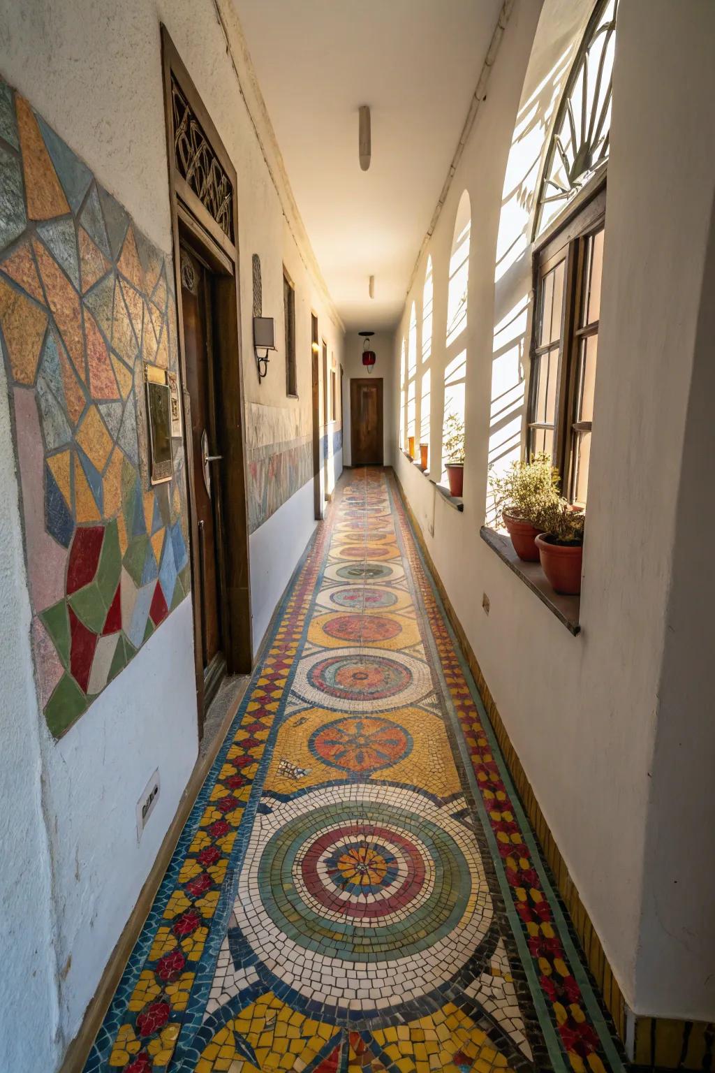 Tiny tile layouts add a colorful and artistic touch to narrow hallways.