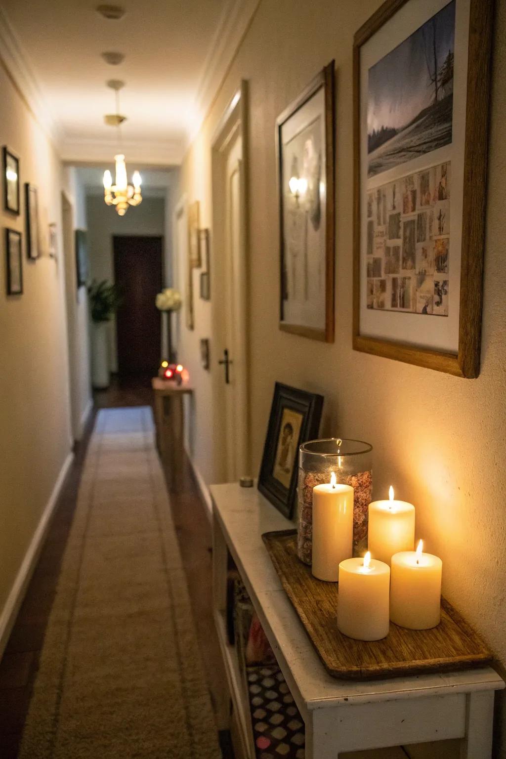 Candles introduce warmth and a cozy glow to slender hallways.