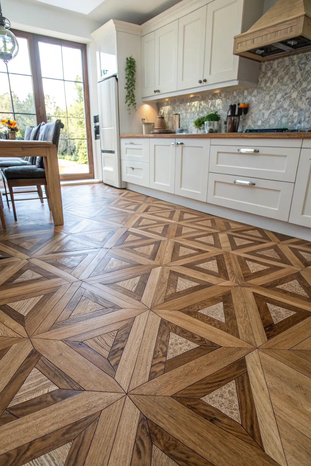 Geometric timber blueprints incorporate contemporary flair to conventional materials.
