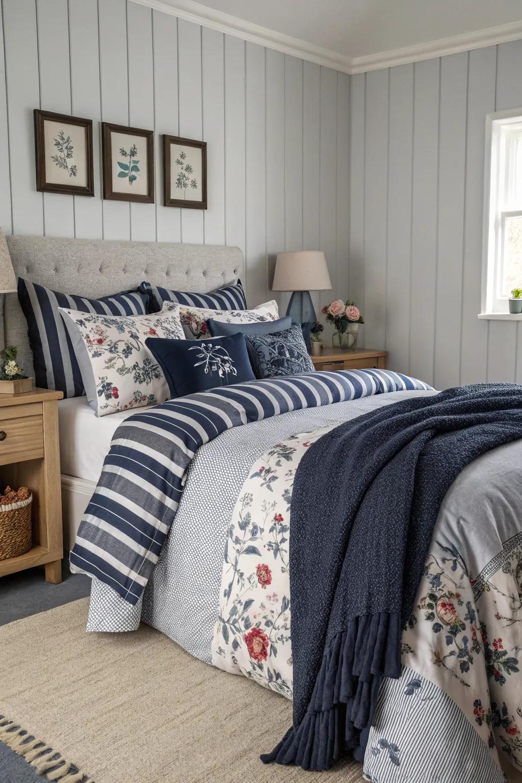 Mixing patterns in textiles adds a unique and visually interesting touch to the decor.