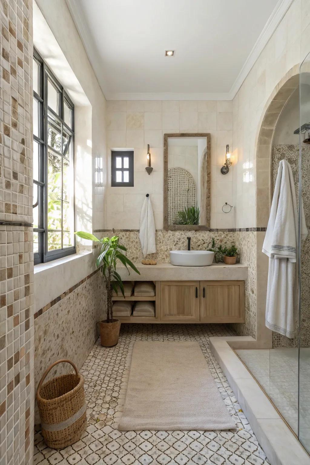 Neutral figured arrangements add a unique twist to the bathroom.
