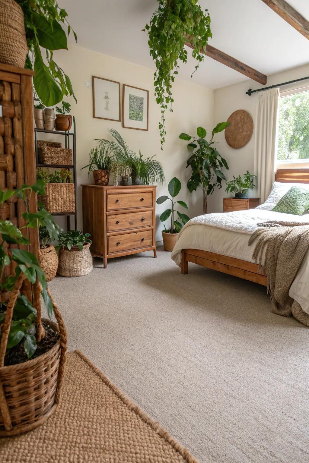 Carpets with natural hints craft a grounded, stable environment.