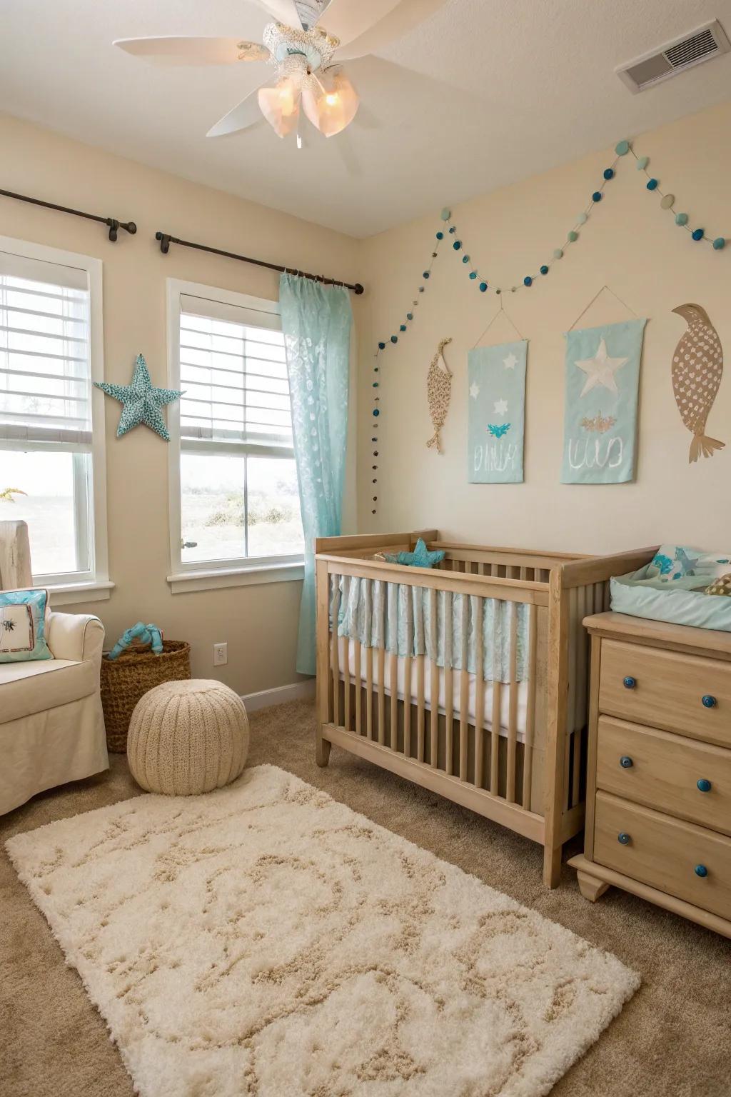 A baby room featuring calming seaside tones.