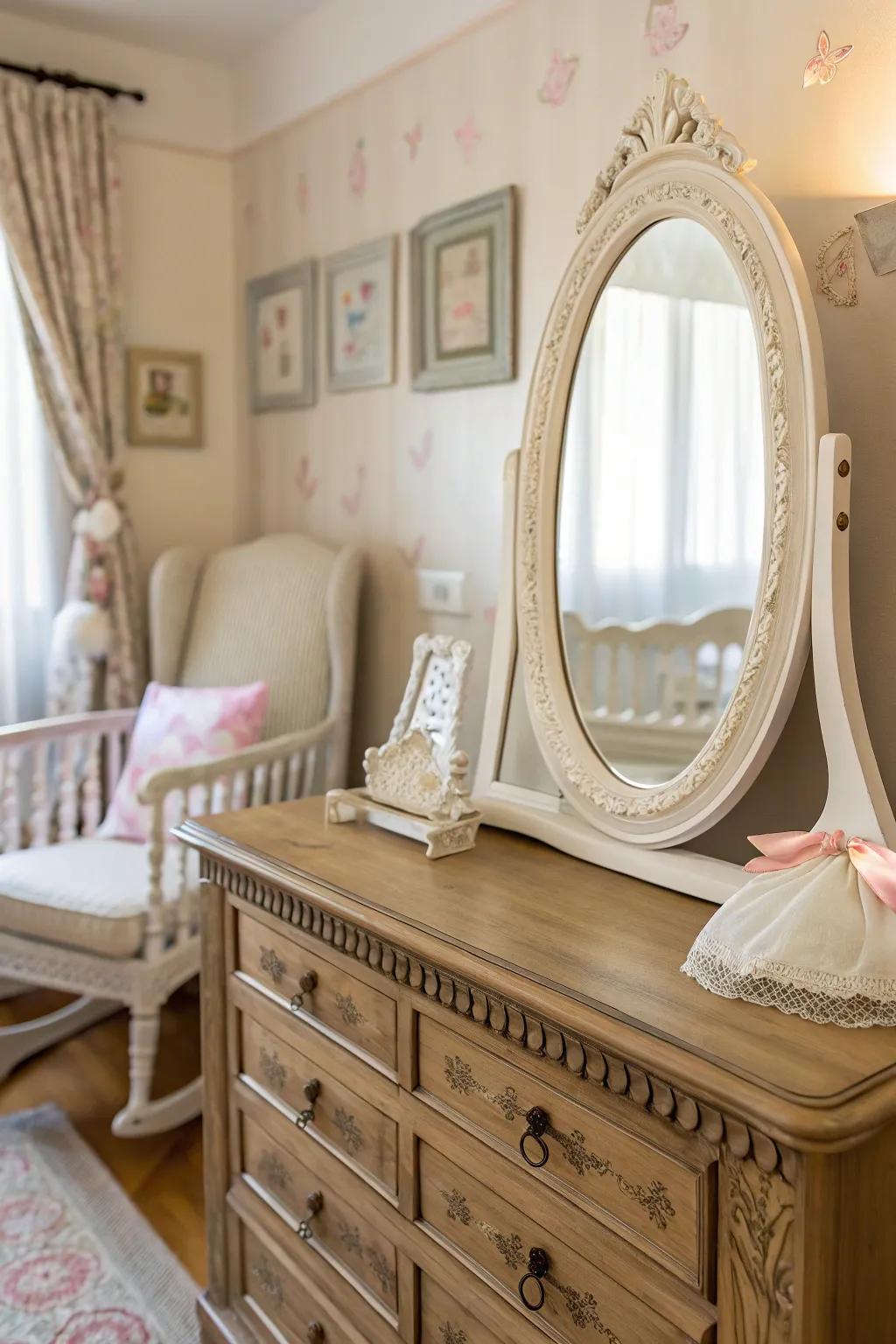 This vintage mirror infuses the nursery with a sense of history and timeless grace.