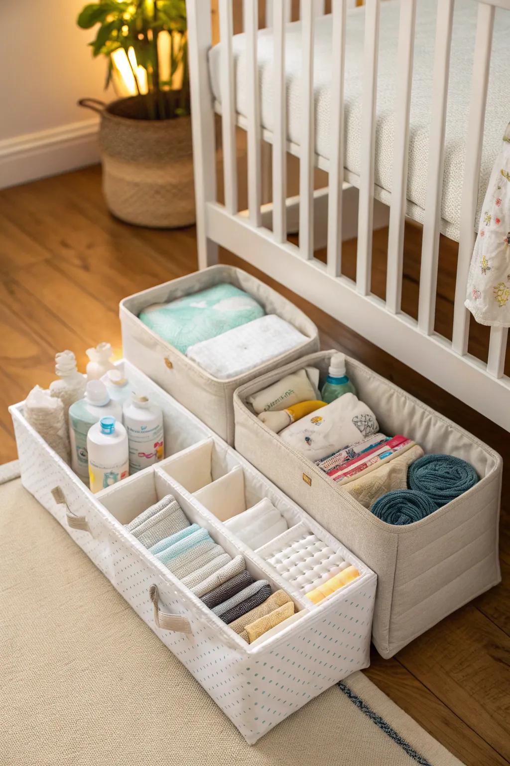 Using the space under the crib for storage.