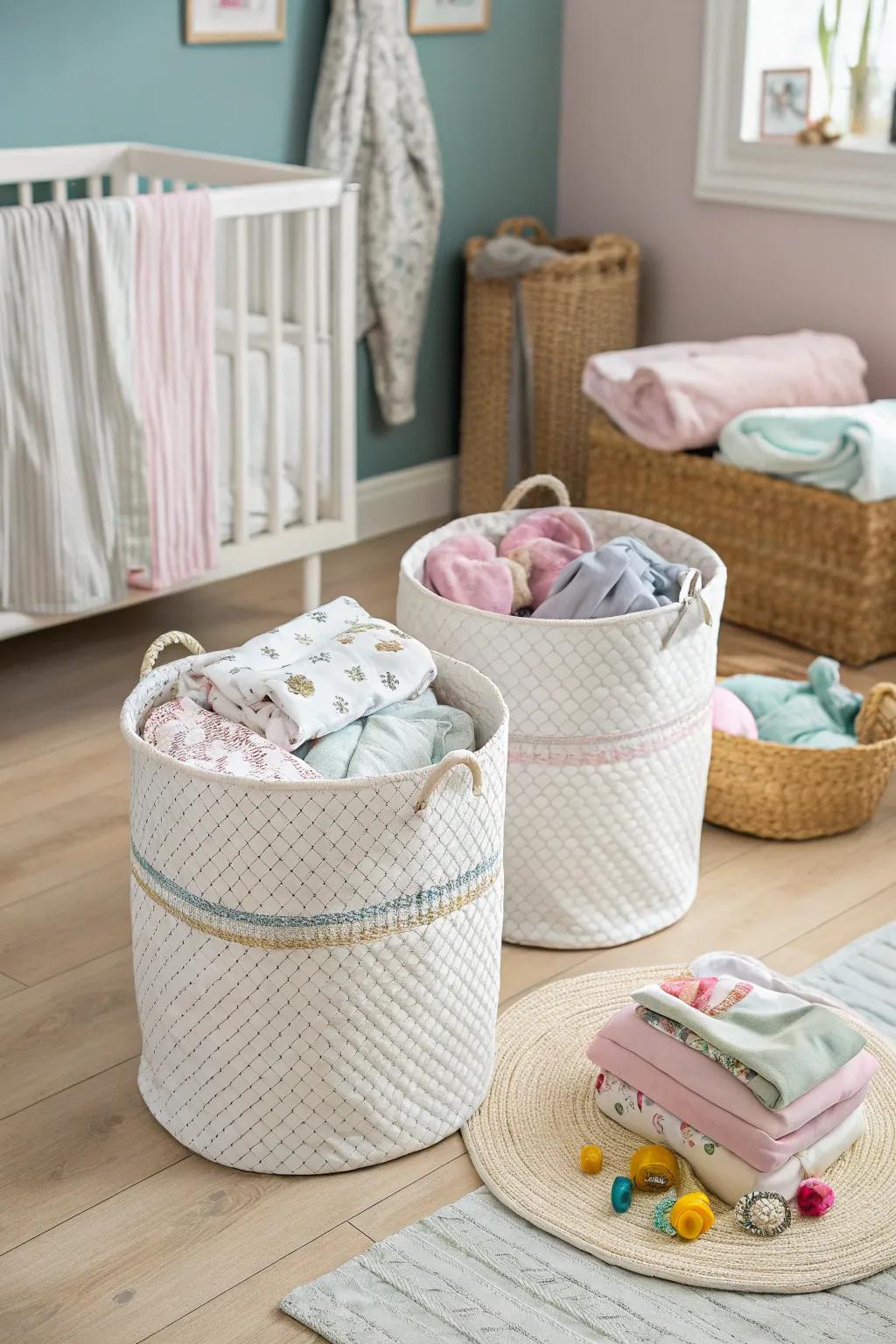 Fashionable hampers that retain laundry arranged and out of sight.