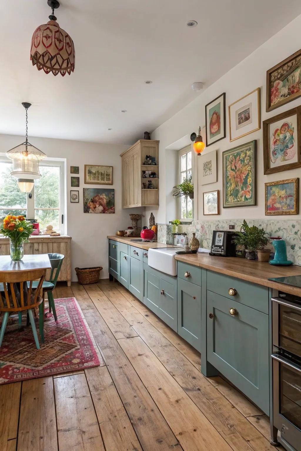 Eclectic embellishment imbuing vitality into hardwood floor culinary spaces.