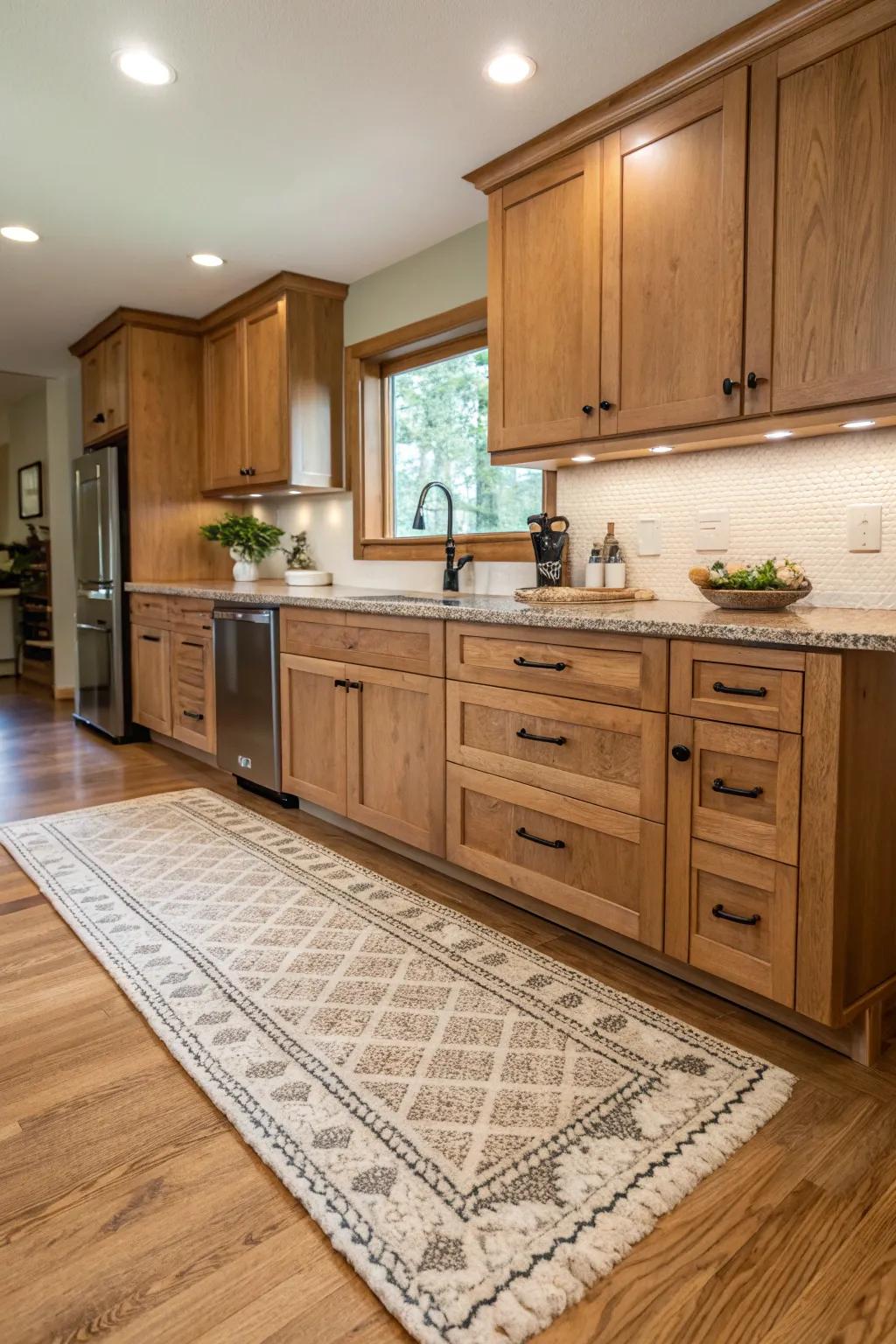 Floor coverings add warmth and texture to oak kitchen floors.