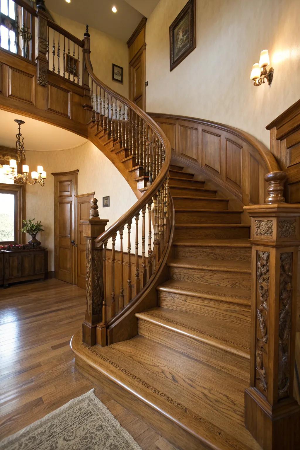 Curvilinear elements contribute elegance and grace to an oak stairway.