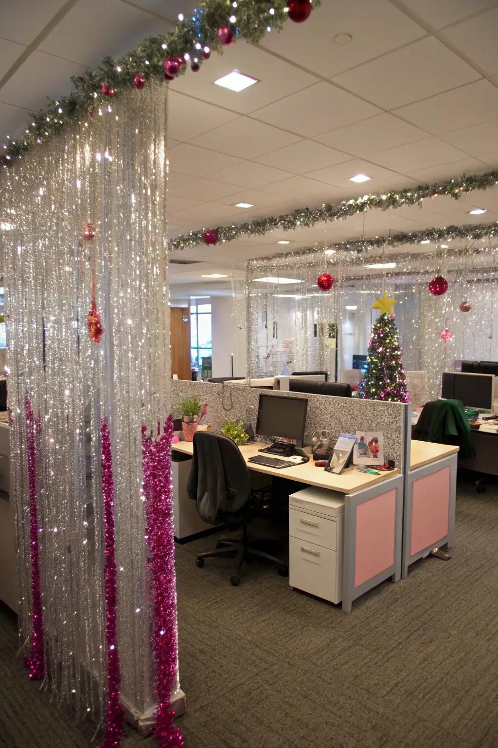 Shiny strands and sparkle glam up the holiday decor.