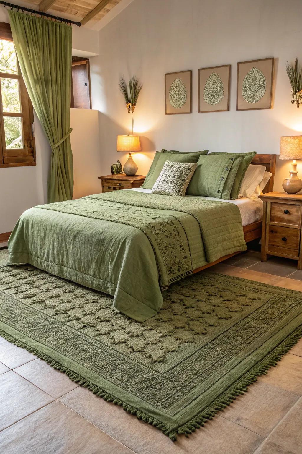 The interiors are incorporated perfectly because of the rugs that have olive features.