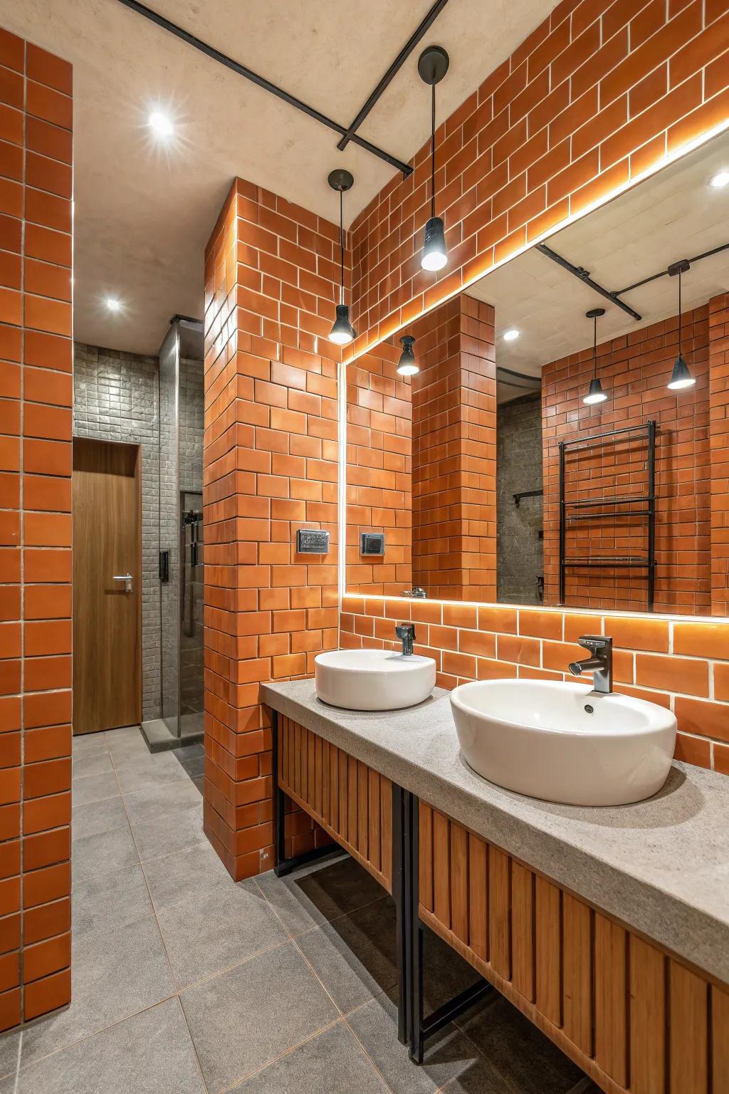 Orange brick tiles add urban chic texture to the bathroom.