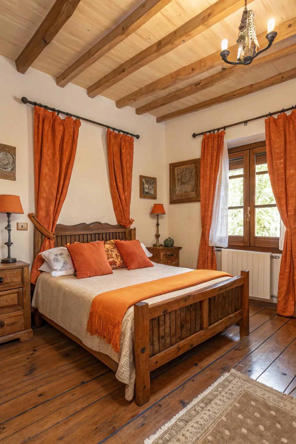 Orange and wood create a charming rustic ambiance.