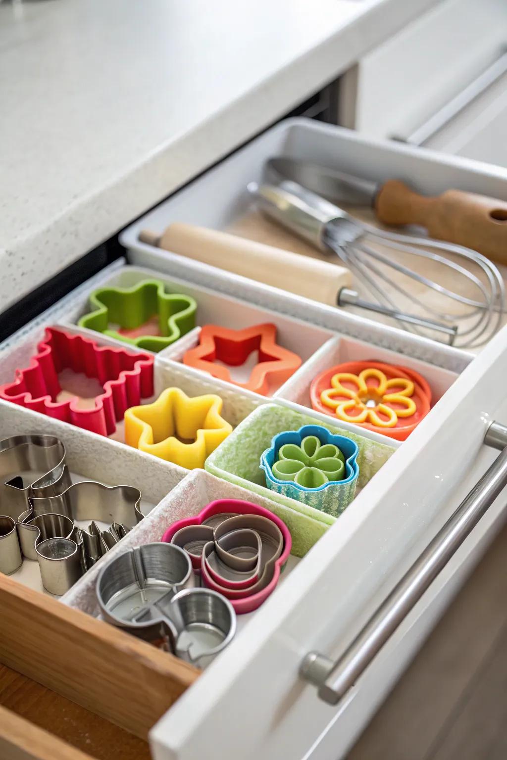 Compact storage keeps cookie cutters arranged and easily accessible.