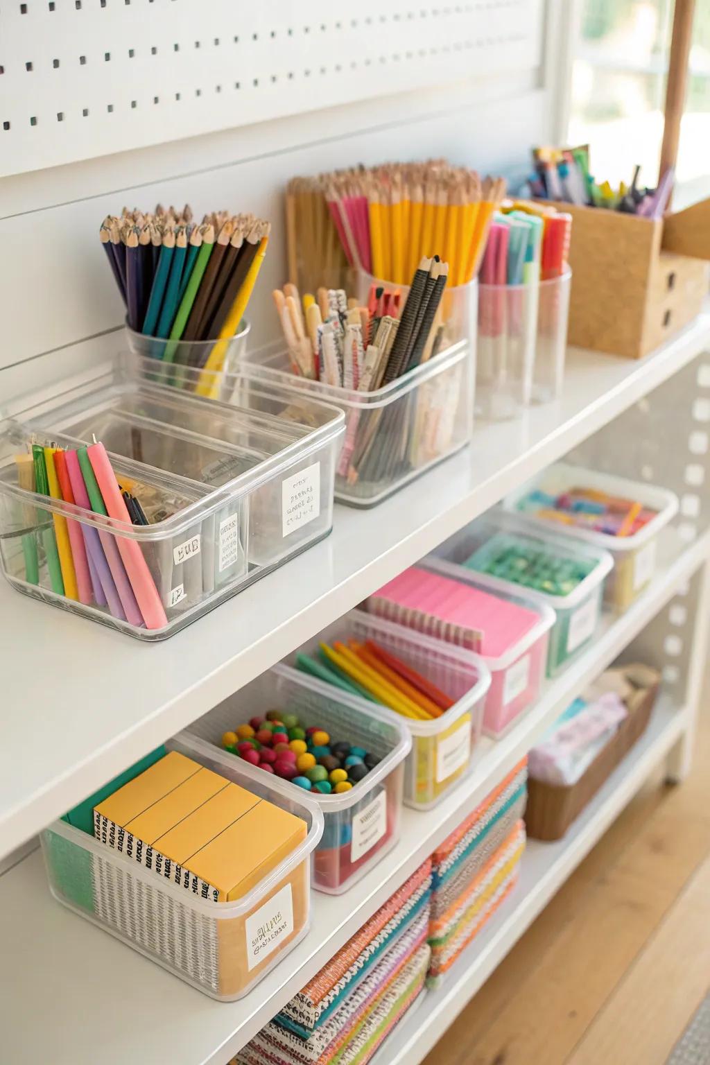 Clear containers make it easy to locate supplies at a glance.