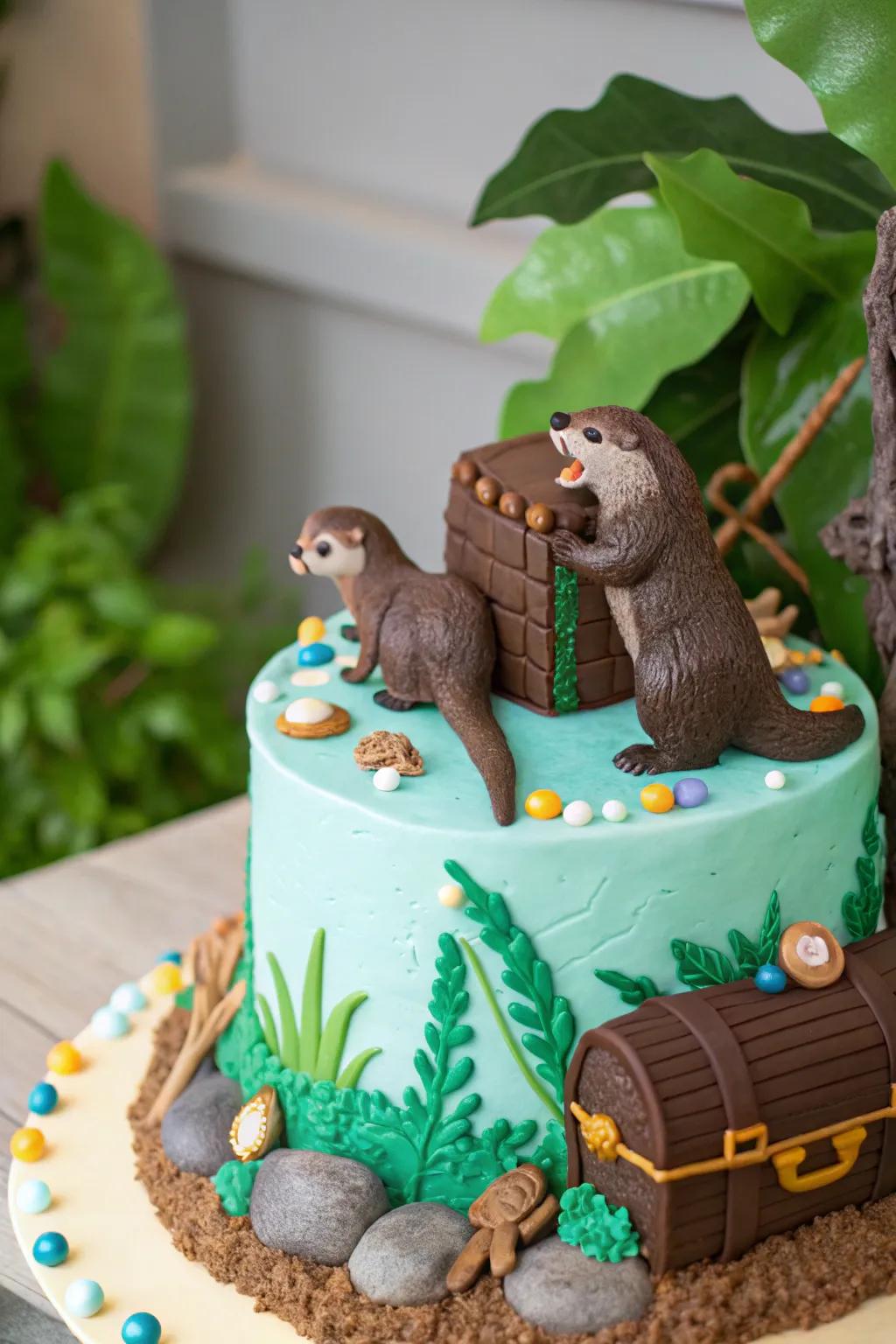 Embark on a venture with an otter hoard quest cake.