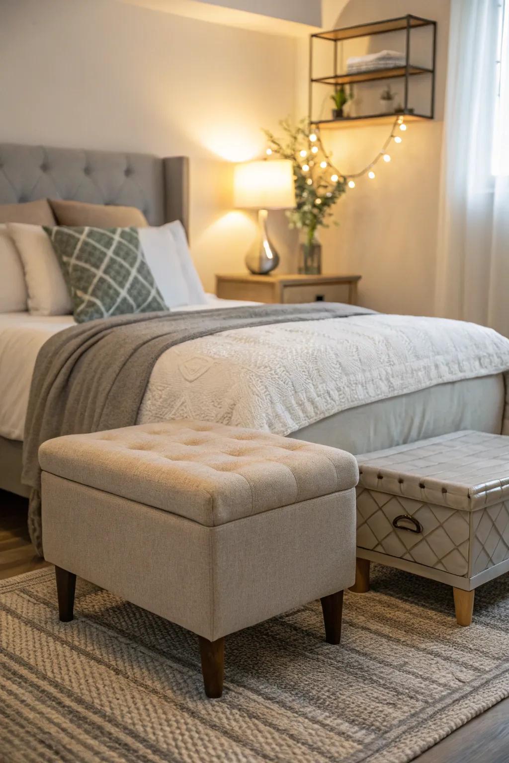 A small ottoman acts as a stylish bedside companion.