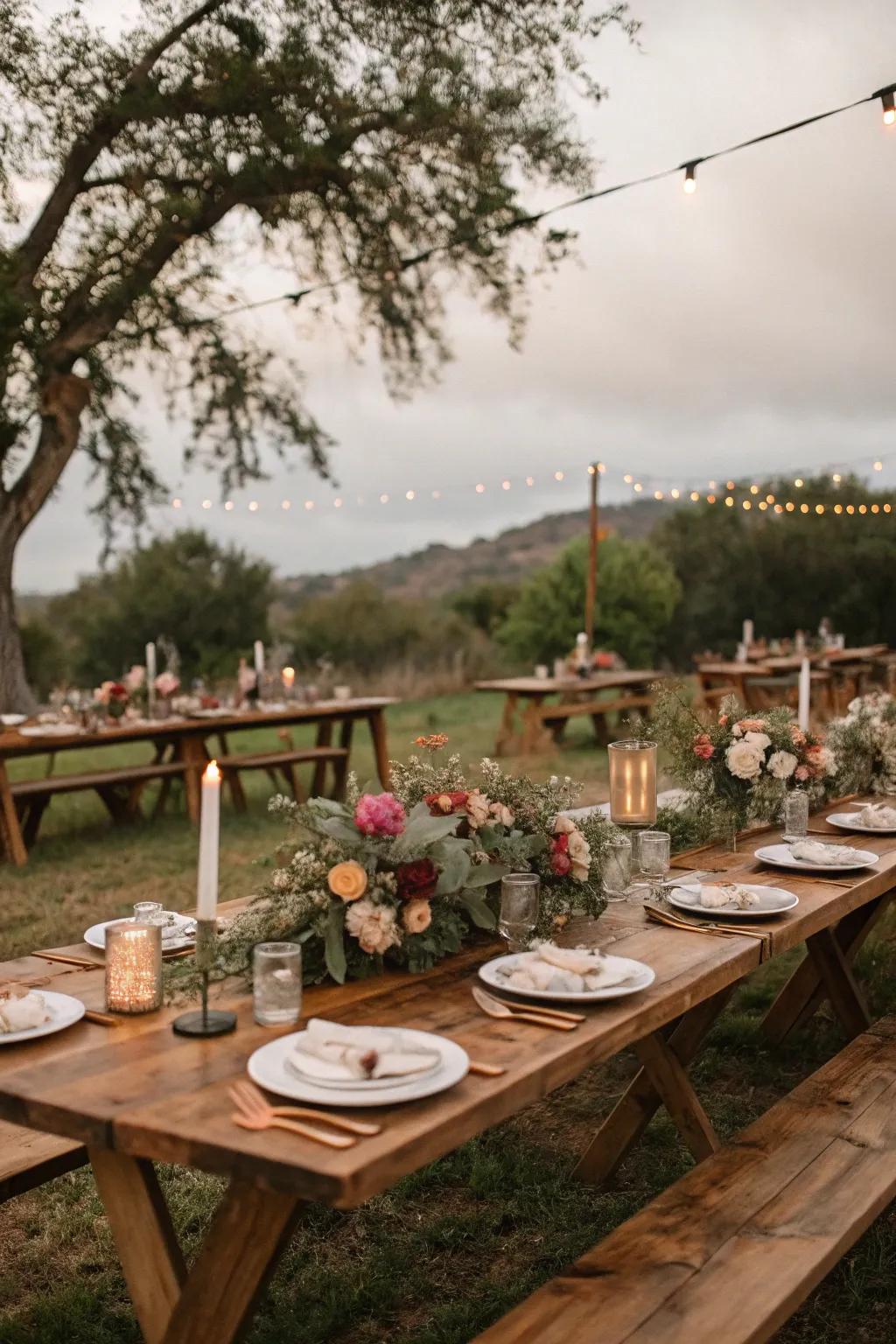 Raw timber tables set the stage for a stunning boho tablescape.