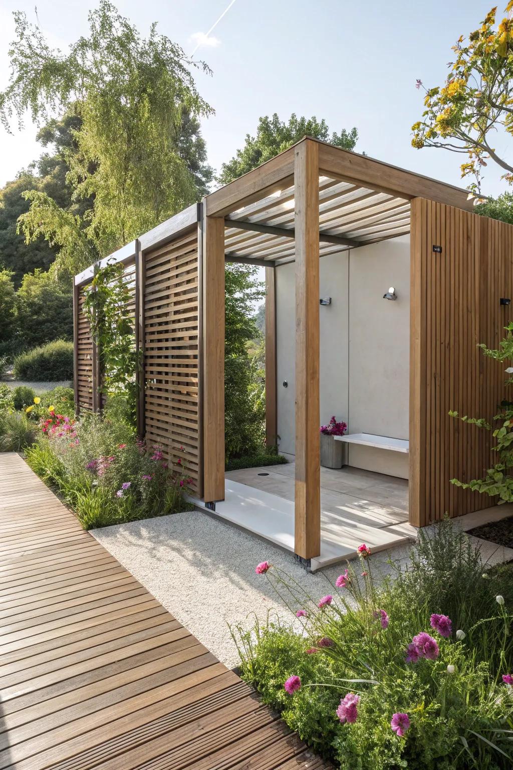 Untreated timber strips create an open and modern changing space.