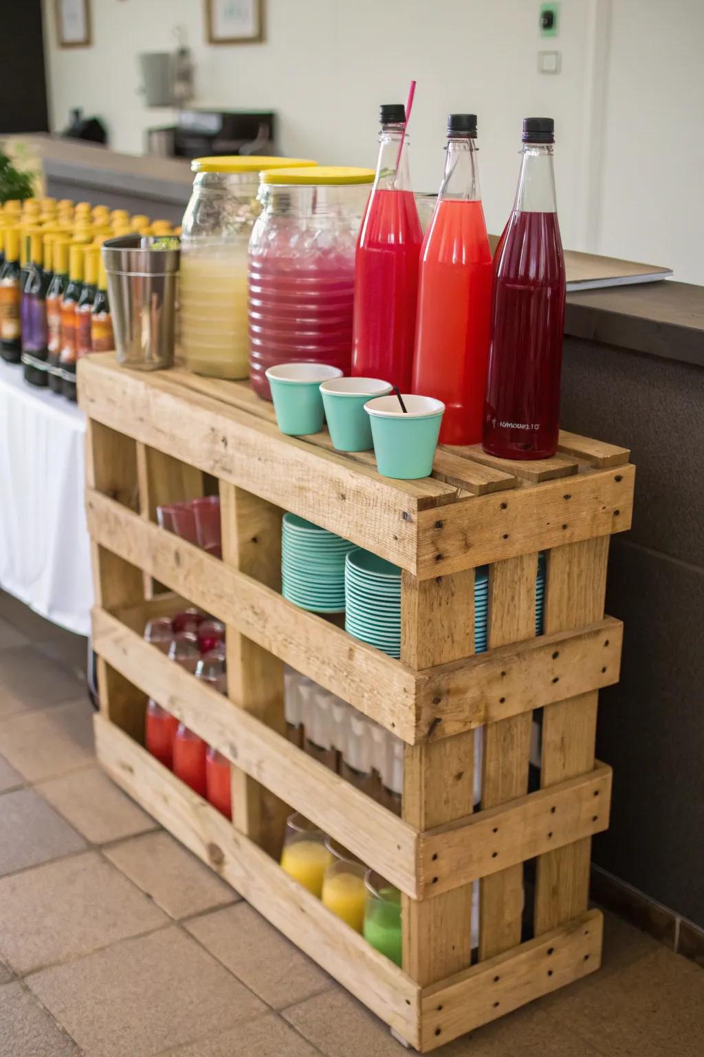 A lumber skid makes for a budget-friendly refreshment station.
