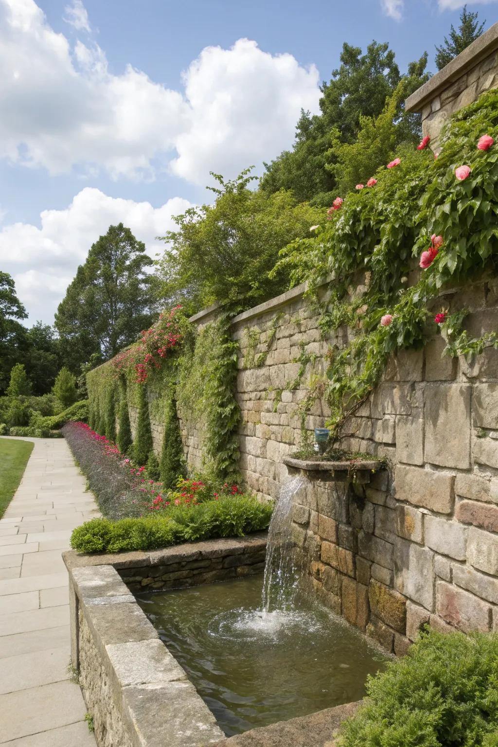 Water decor combined with stone walls enhances peace and serenity.