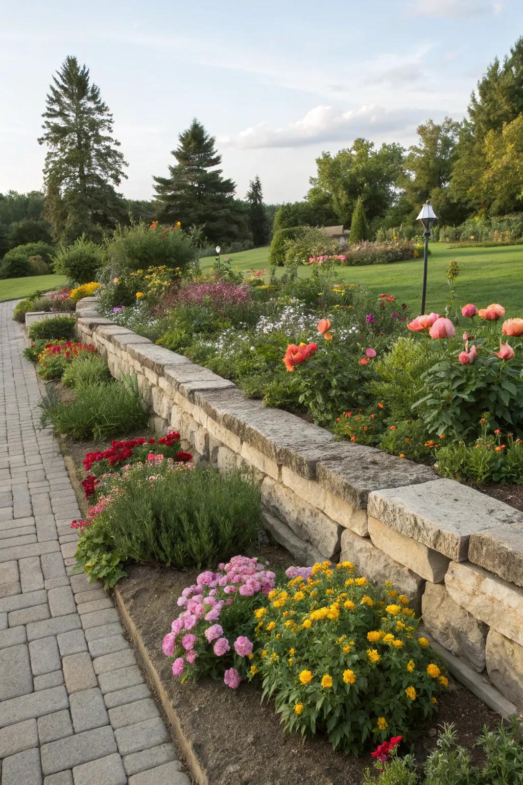 Stone edging neatly defining garden floral displays.