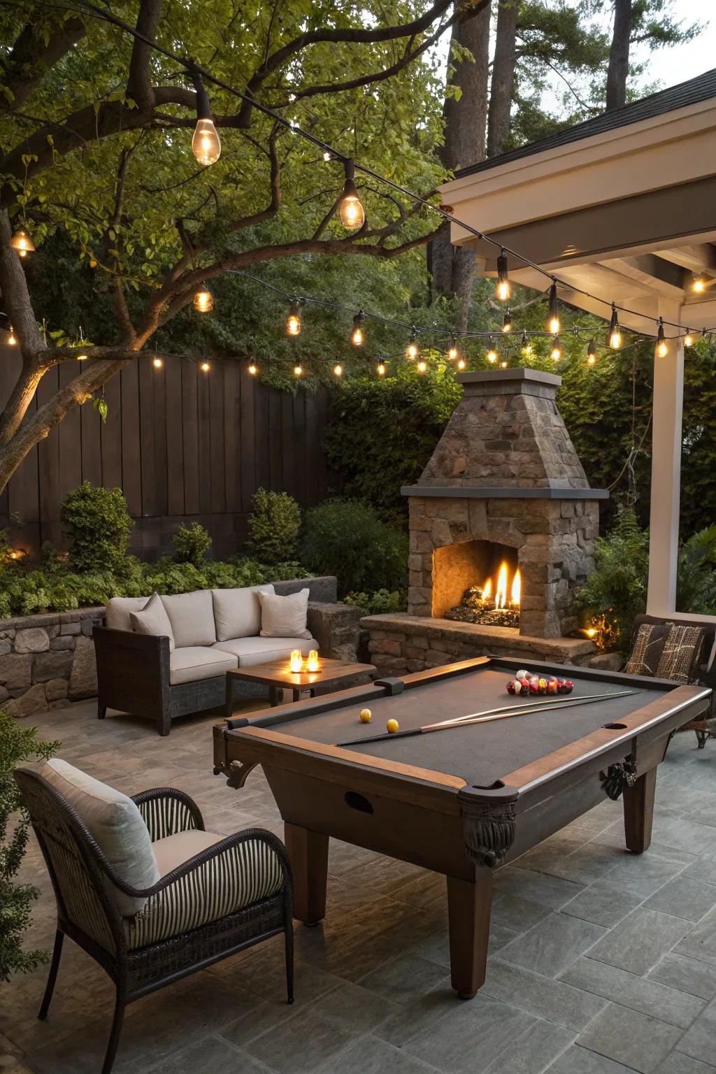 A billiard table precinct, supplemented by a blaze cauldron, proffering warmth and ambiance.