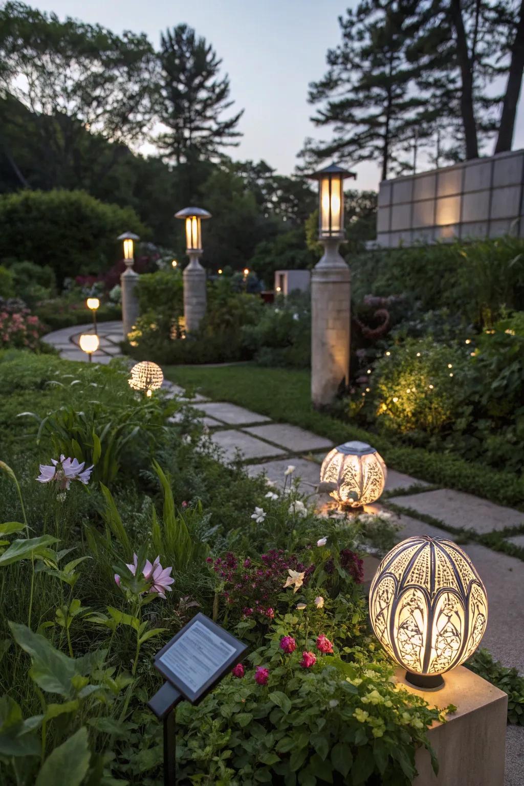 Artistic sculptures illuminating the night.