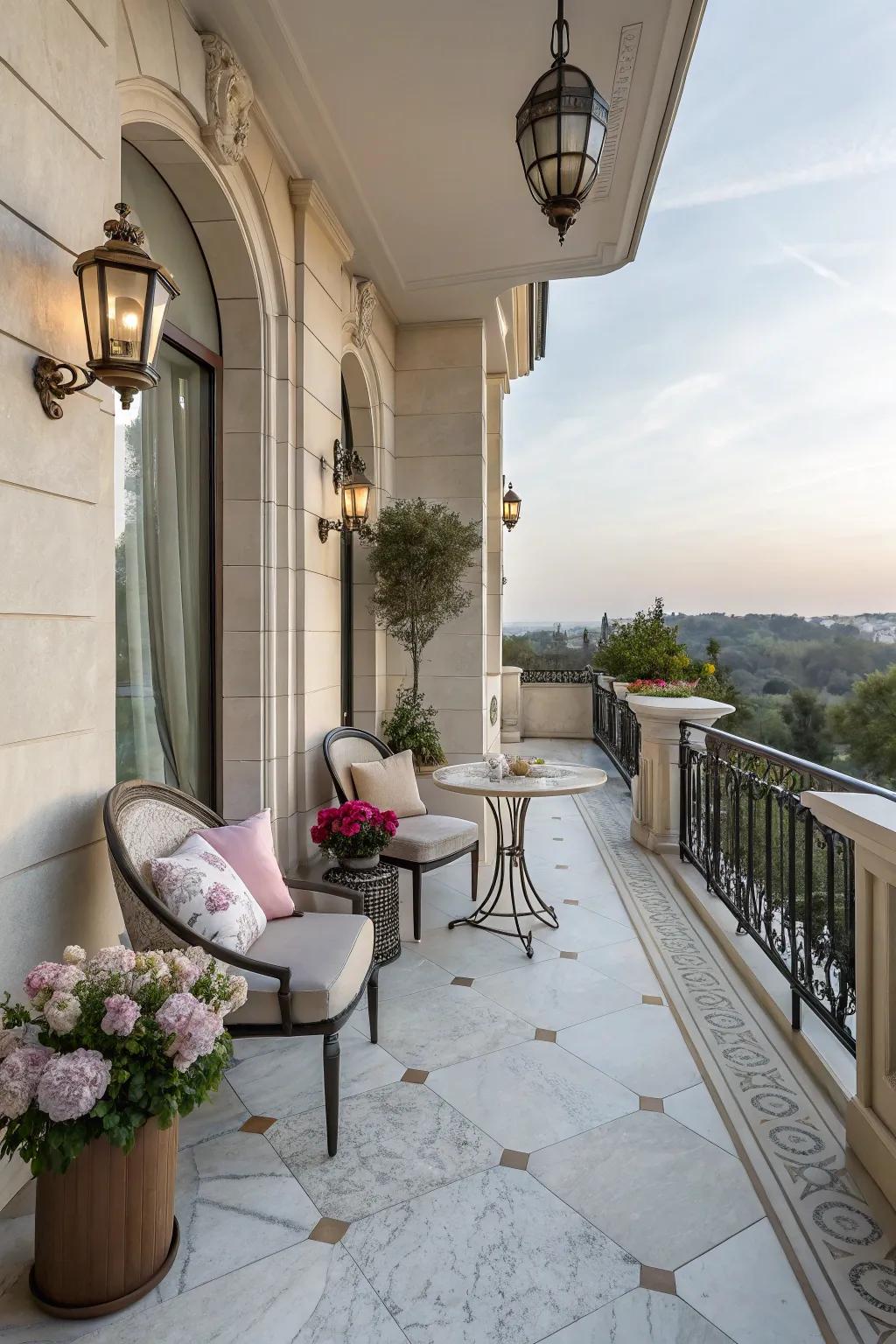 Incorporate a hint of opulence through marble-simulated tiles.