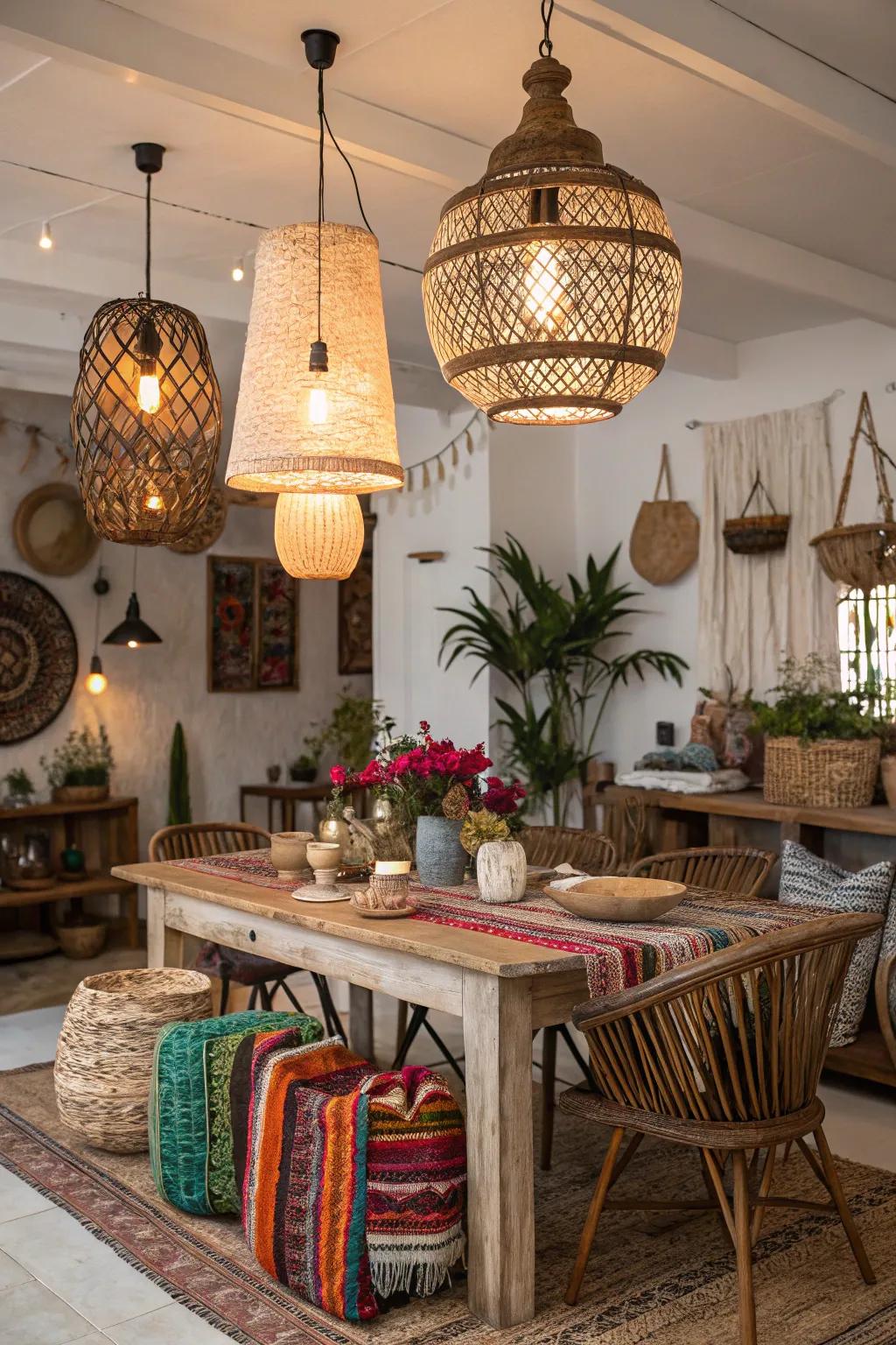 Bohemian lighting unites textures for a carefree atmosphere.