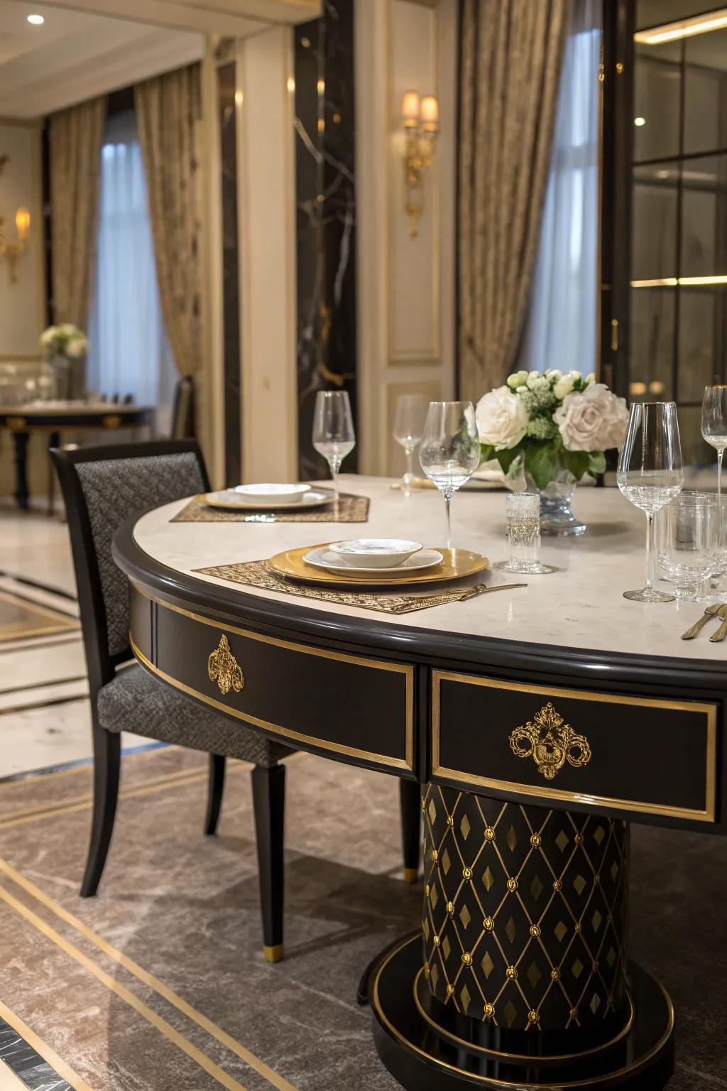 Black and gold colors bring sophistication to your dining table.