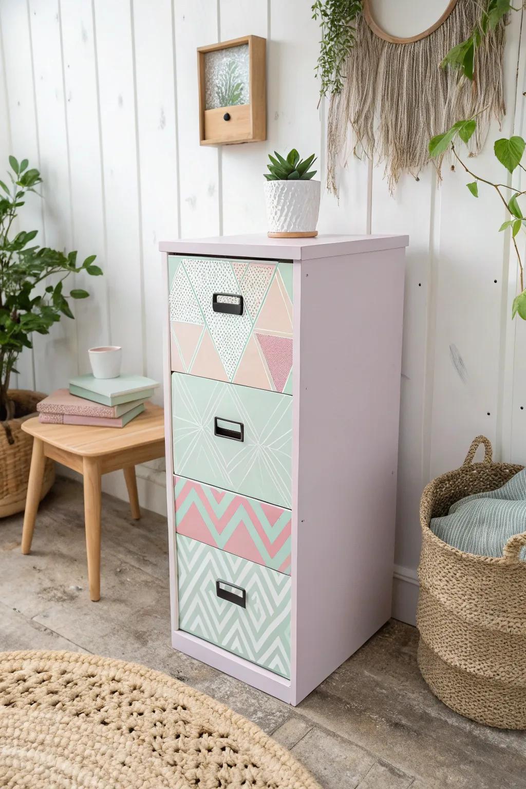Transform your office with this pastel-hued masterpiece: a filing cabinet that brings a pop of personality to any workspace!