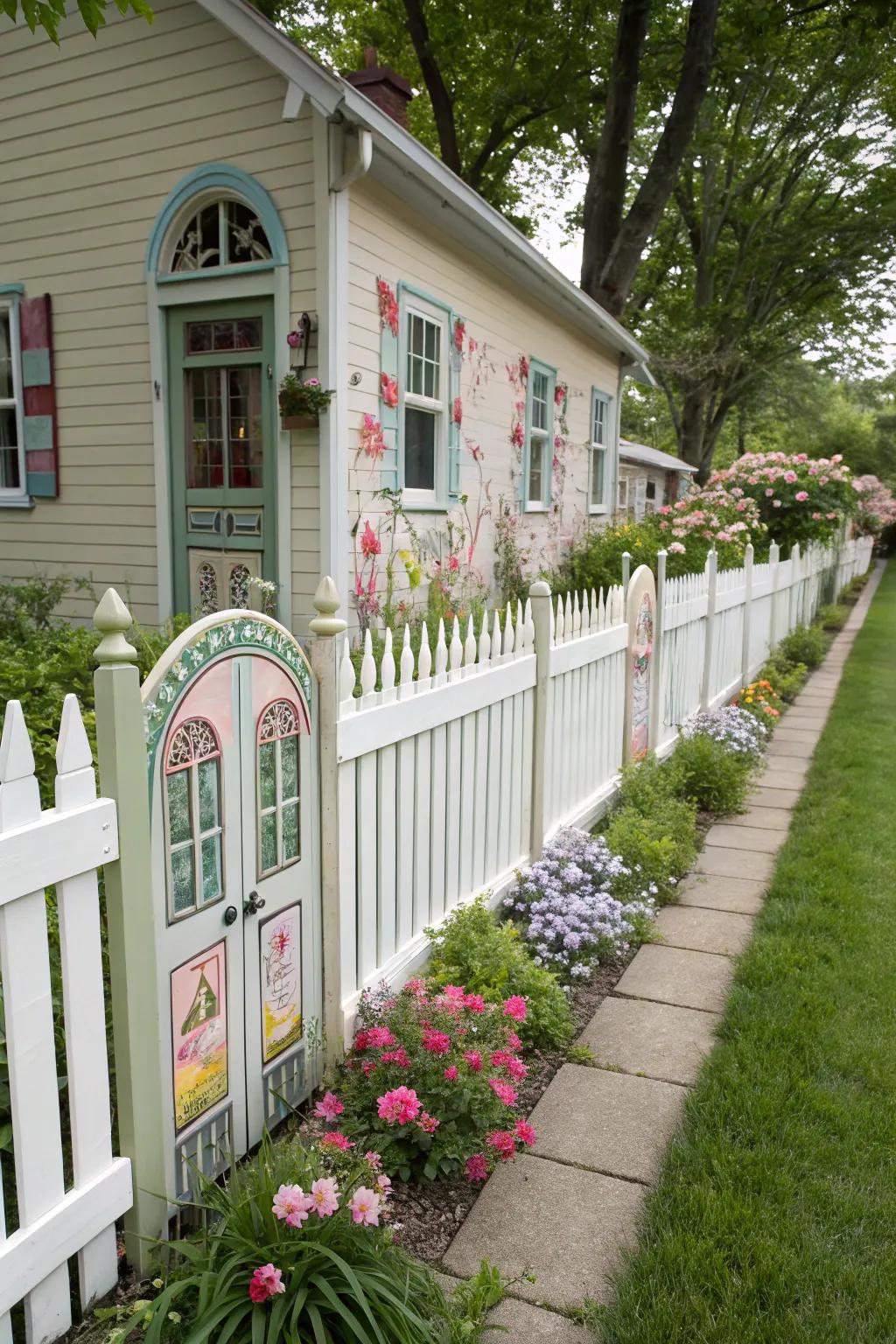 A whimsical fence with painted faux windows and doors.