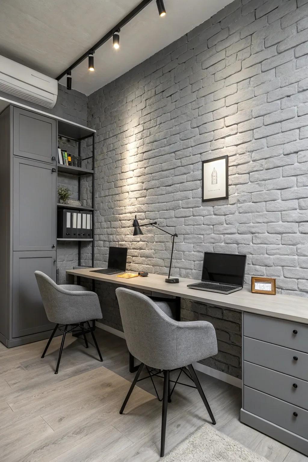 A cohesive office space with a monochrome color palette.
