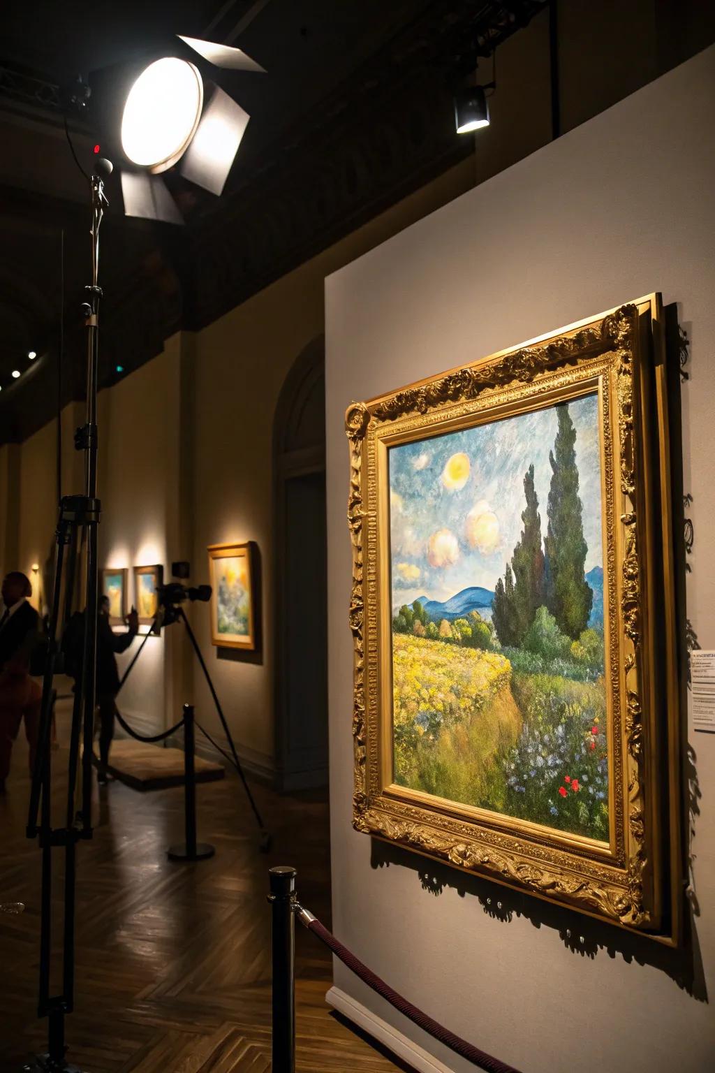 Spotlight illumination enhancing the framed painting.