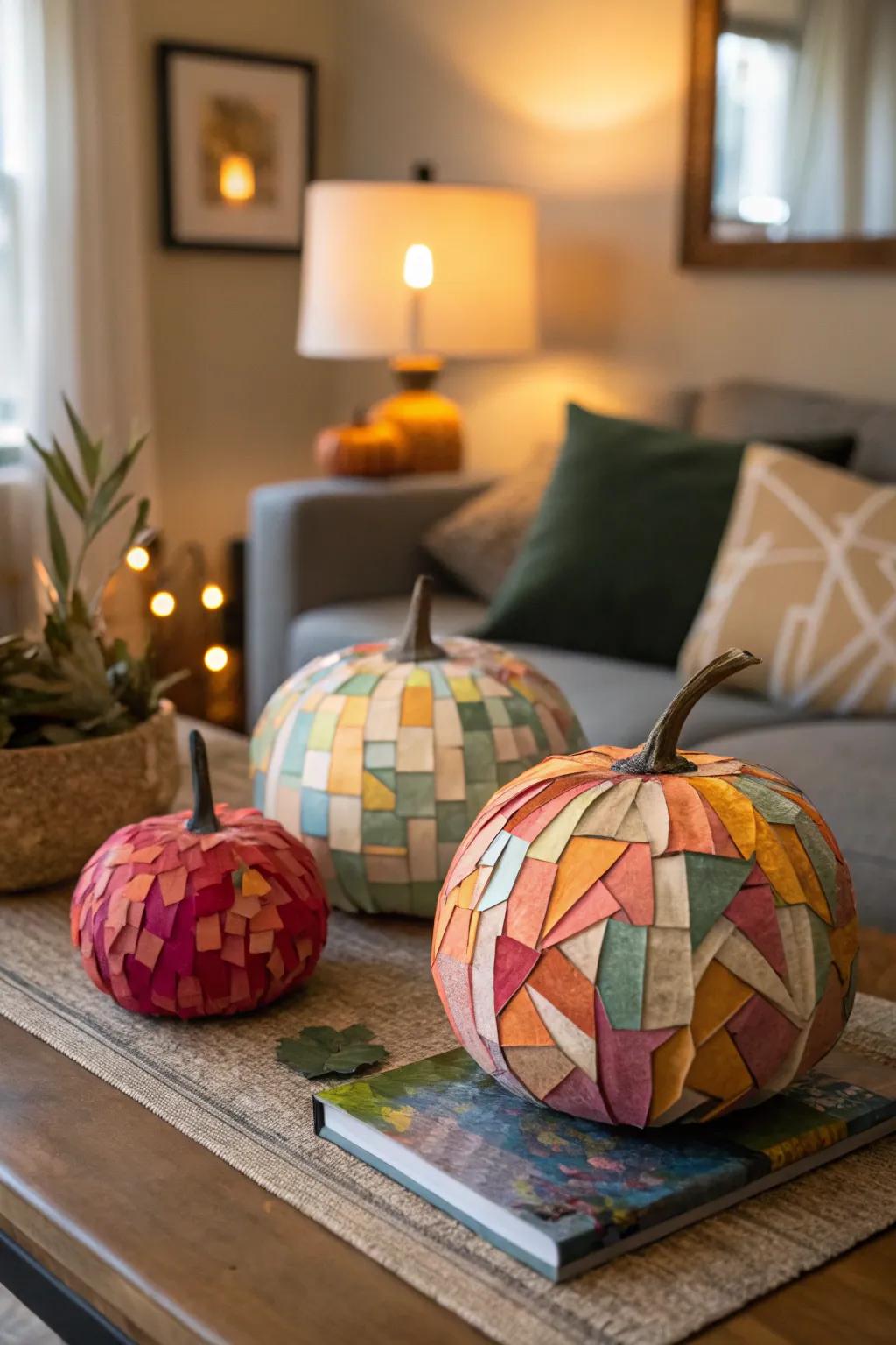 Artistic mosaic simulated gourds incorporating a burst of color.