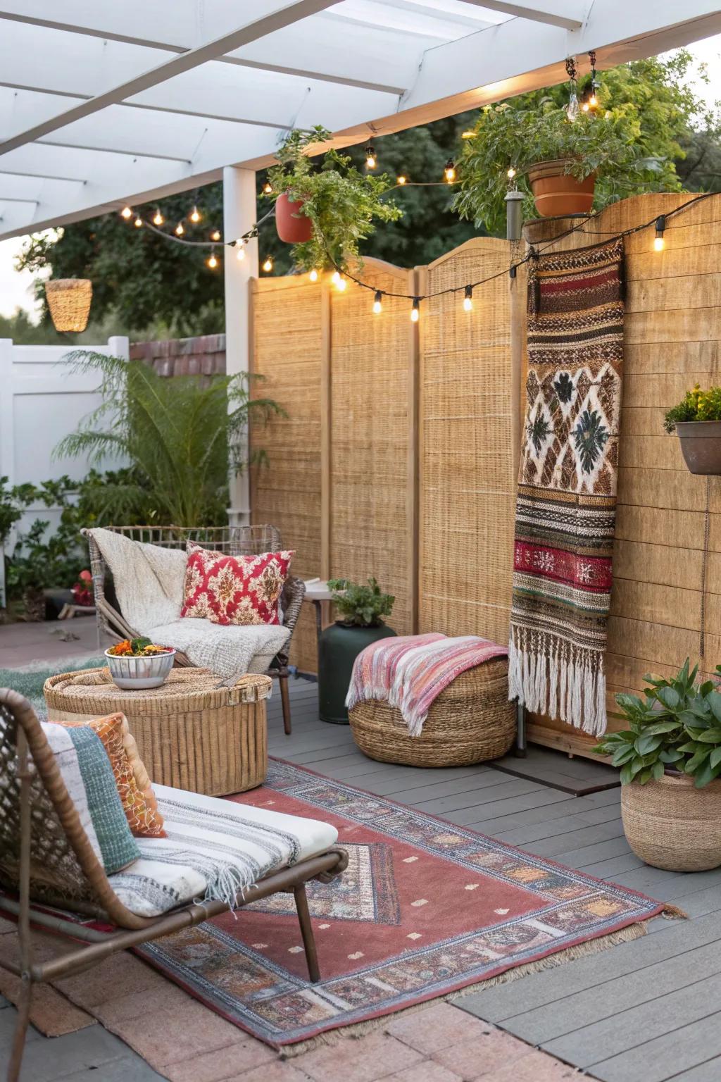 Interwoven textures bring warmth and coziness to patio privacy solutions.