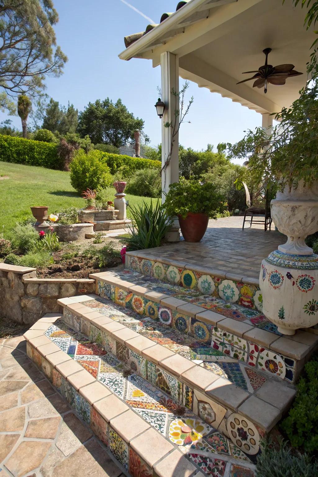 Mosaic designs for personalized patio steps.