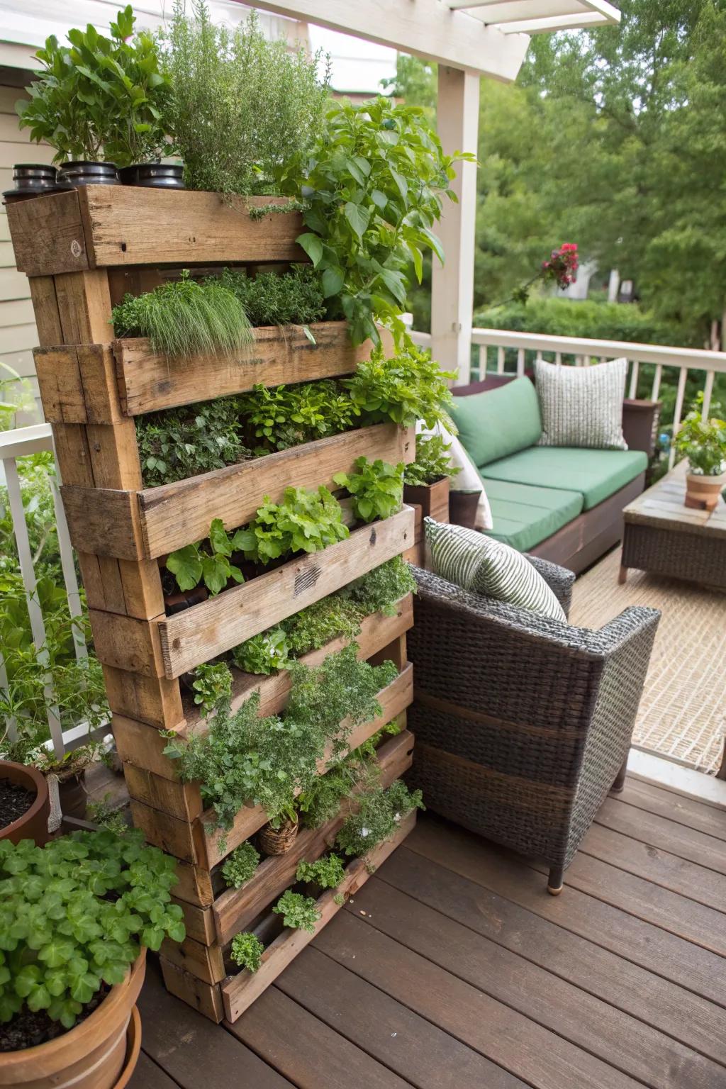 A lush vertical garden maximizing deck space.