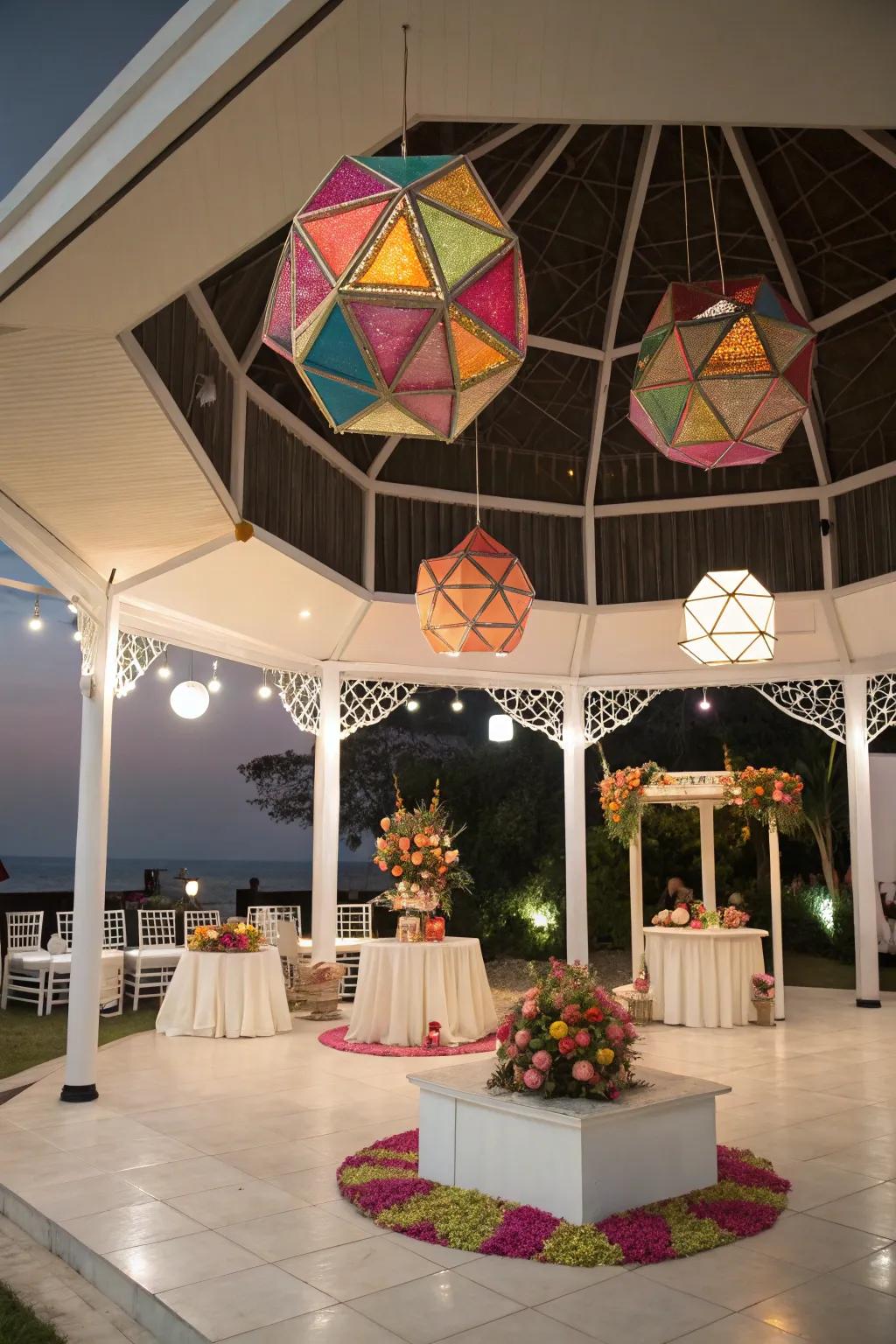 Geometric figures introduce a modern twist to the pavilion ornamentation.