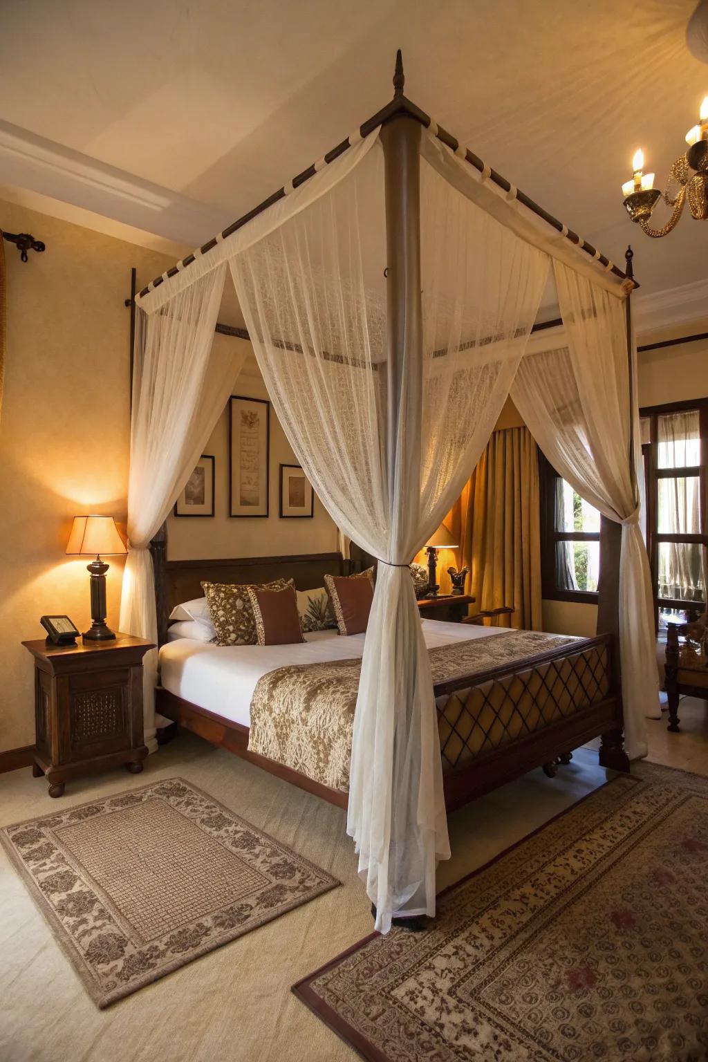 A bedroom showcases a draped bed that introduces elegance and a sense of coziness.